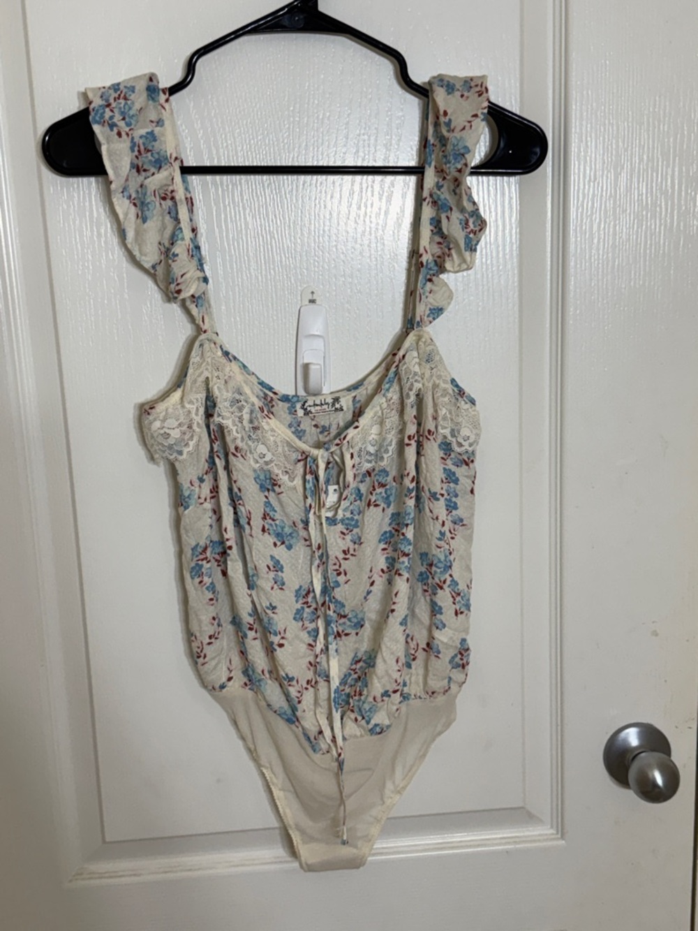 Free People Intimately Ivory Blue Floral Bodysuit Ruffle Boho Cottagecore XS - Picture 2 of 8